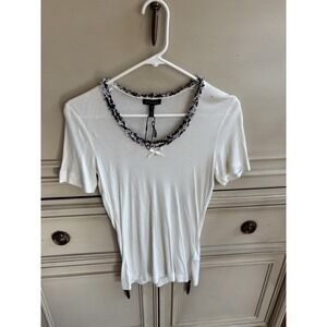 Escada Off White Scoop Neck Fringe Trim Small Short Sleeve Tee Viscose